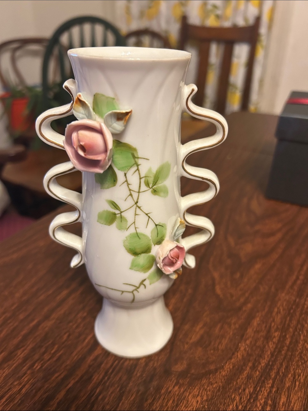 Vintage Ucagco Ceramic Vase with pink roses and wavy handles trimmed in gold.
